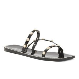 Steve Madden New Size 8 Black Pearl Studded Square Toe Jelly Flat‎ Sandals